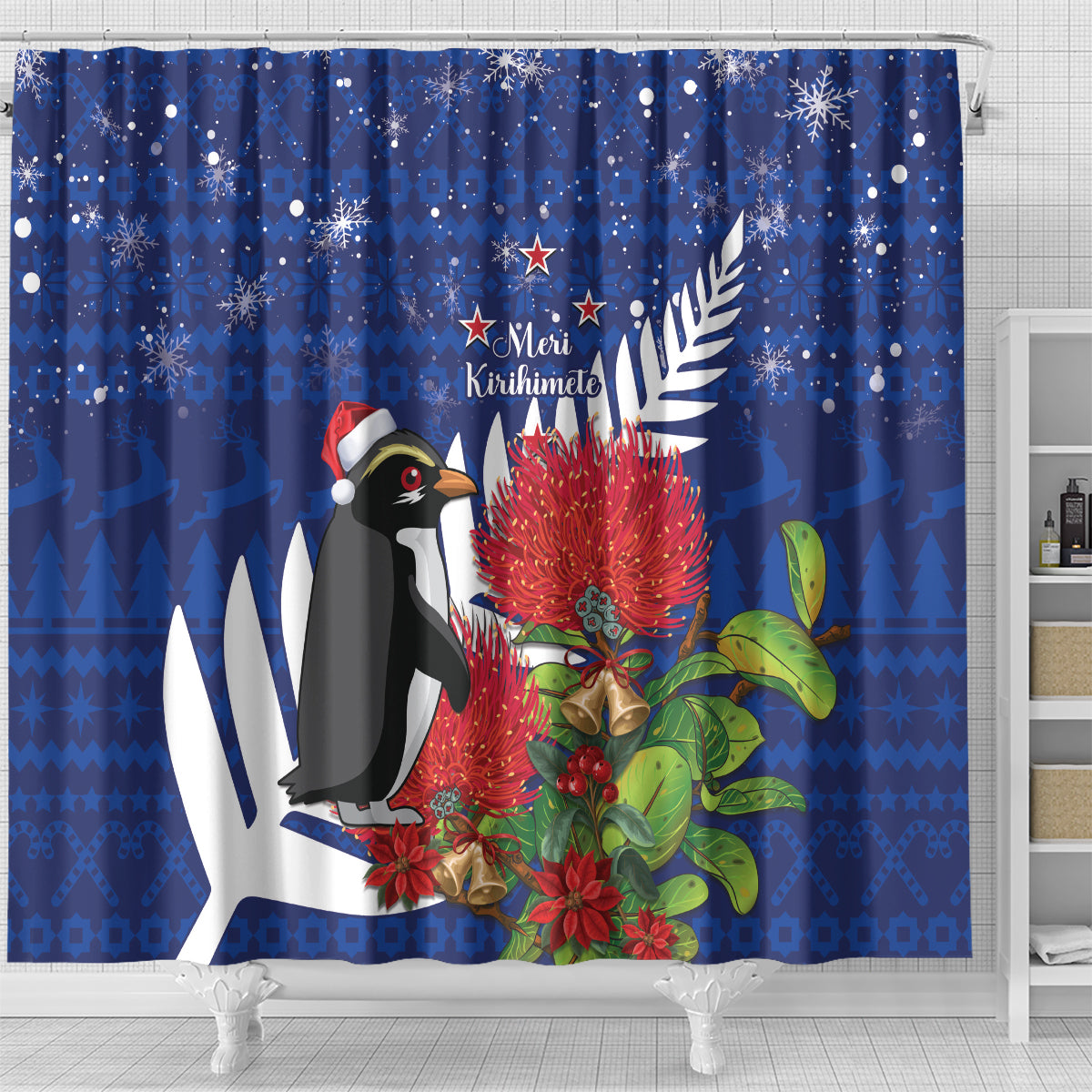 New Zealand Christmas In July Shower Curtain Fiordland Penguin With Pohutukawa Flower LT14 - Polynesian Pride