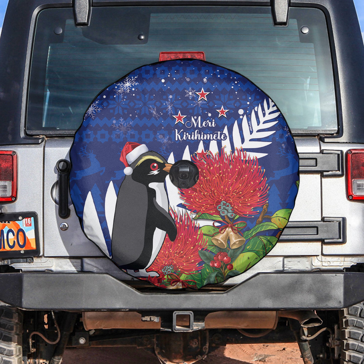 New Zealand Christmas In July Spare Tire Cover Fiordland Penguin With Pohutukawa Flower LT14 Blue - Polynesian Pride