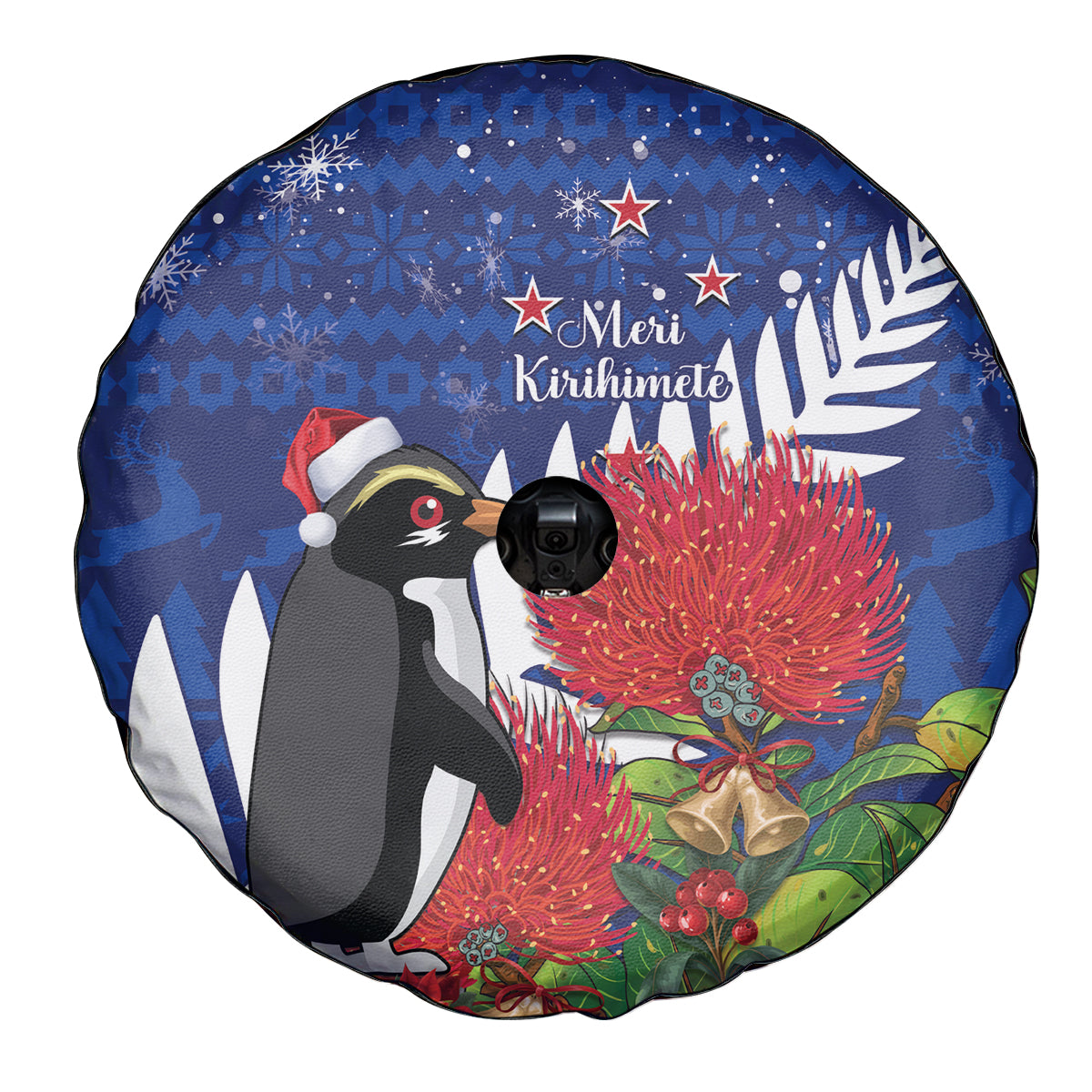 New Zealand Christmas In July Spare Tire Cover Fiordland Penguin With Pohutukawa Flower LT14 - Polynesian Pride