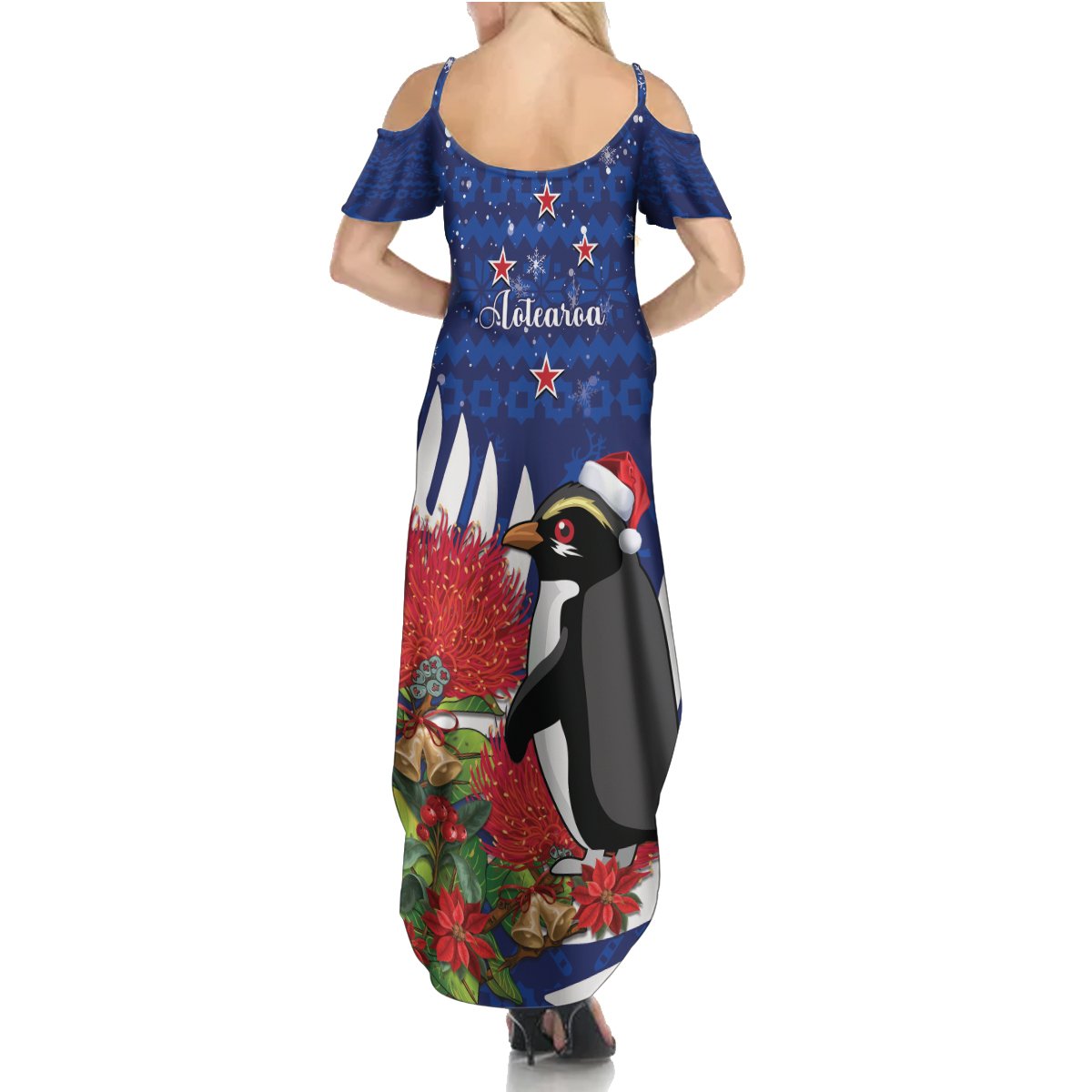 New Zealand Christmas In July Summer Maxi Dress Fiordland Penguin With Pohutukawa Flower LT14 - Polynesian Pride