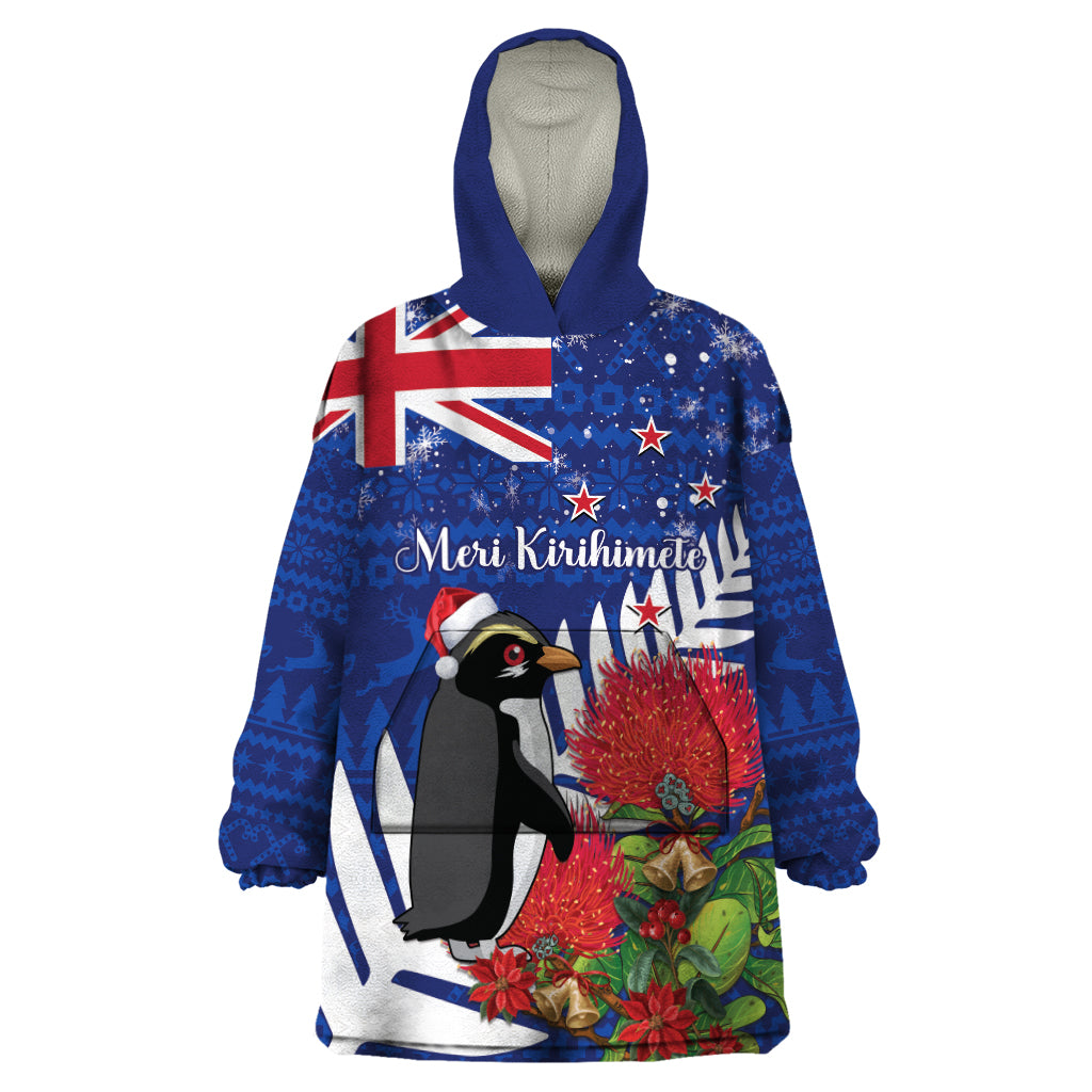 New Zealand Christmas In July Wearable Blanket Hoodie Fiordland Penguin With Pohutukawa Flower LT14 One Size Blue - Polynesian Pride