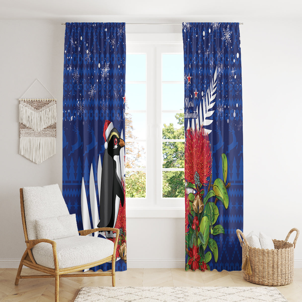 New Zealand Christmas In July Window Curtain Fiordland Penguin With Pohutukawa Flower LT14 - Polynesian Pride