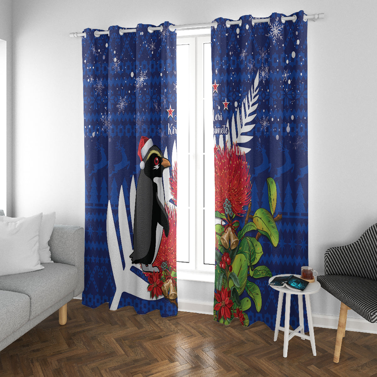 New Zealand Christmas In July Window Curtain Fiordland Penguin With Pohutukawa Flower LT14 With Grommets Blue - Polynesian Pride