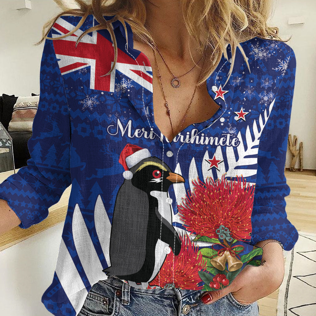 New Zealand Christmas In July Women Casual Shirt Fiordland Penguin With Pohutukawa Flower LT14 Female Blue - Polynesian Pride