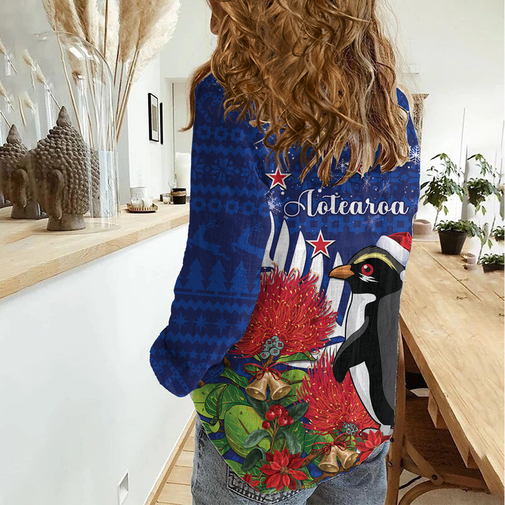 New Zealand Christmas In July Women Casual Shirt Fiordland Penguin With Pohutukawa Flower LT14 - Polynesian Pride