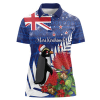 New Zealand Christmas In July Women Polo Shirt Fiordland Penguin With Pohutukawa Flower LT14 Female Blue - Polynesian Pride
