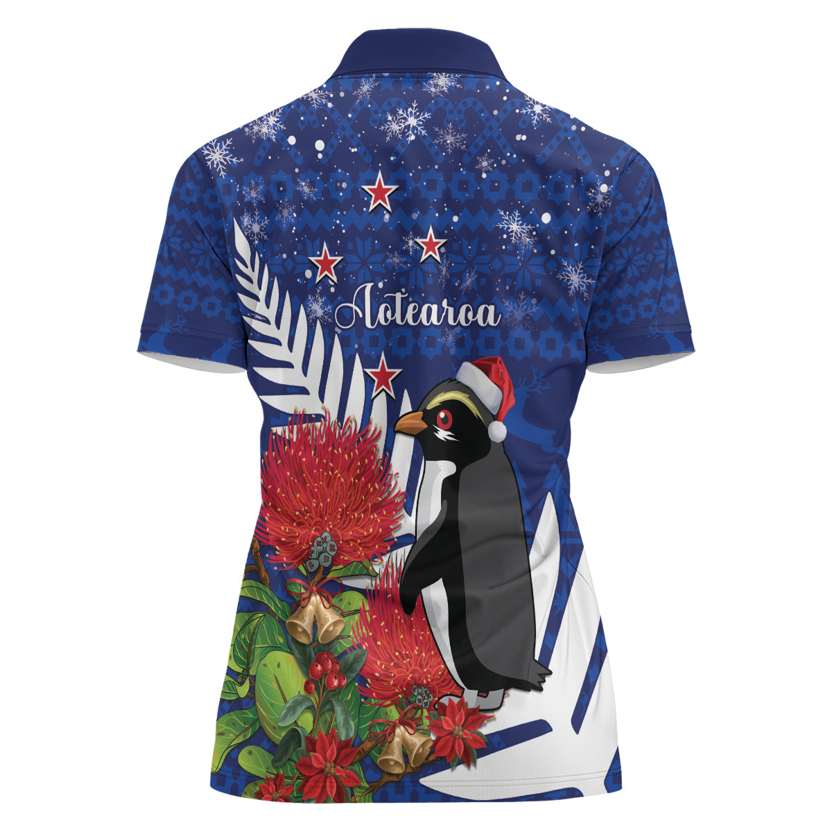 New Zealand Christmas In July Women Polo Shirt Fiordland Penguin With Pohutukawa Flower LT14 - Polynesian Pride