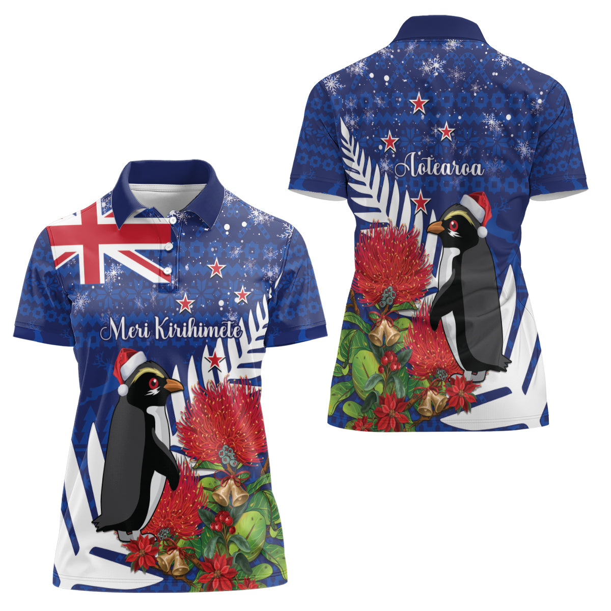 New Zealand Christmas In July Women Polo Shirt Fiordland Penguin With Pohutukawa Flower LT14 - Polynesian Pride