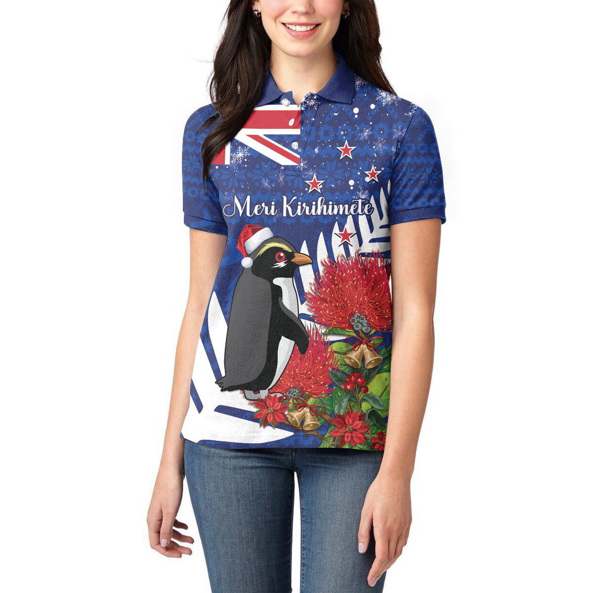 New Zealand Christmas In July Women Polo Shirt Fiordland Penguin With Pohutukawa Flower LT14 - Polynesian Pride