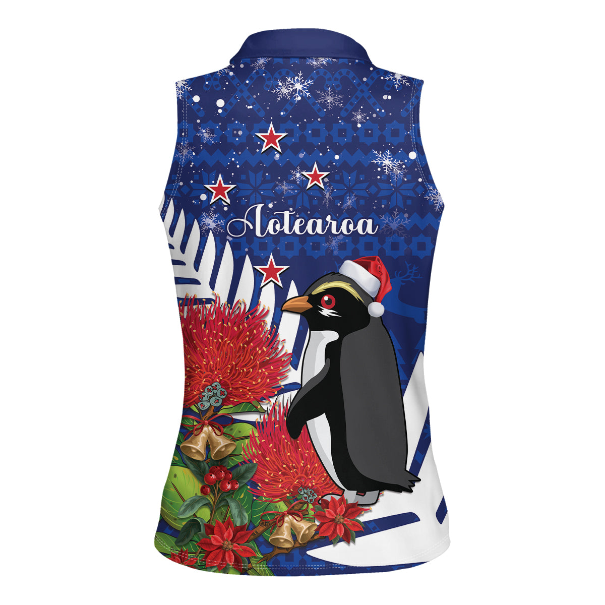 New Zealand Christmas In July Women Sleeveless Polo Shirt Fiordland Penguin With Pohutukawa Flower LT14 - Polynesian Pride