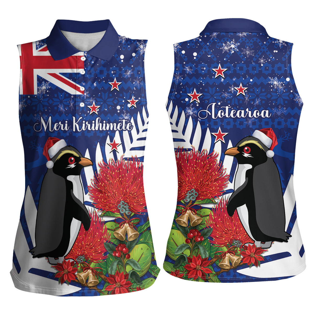 New Zealand Christmas In July Women Sleeveless Polo Shirt Fiordland Penguin With Pohutukawa Flower LT14 - Polynesian Pride