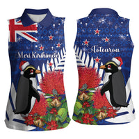 New Zealand Christmas In July Women Sleeveless Polo Shirt Fiordland Penguin With Pohutukawa Flower LT14 - Polynesian Pride