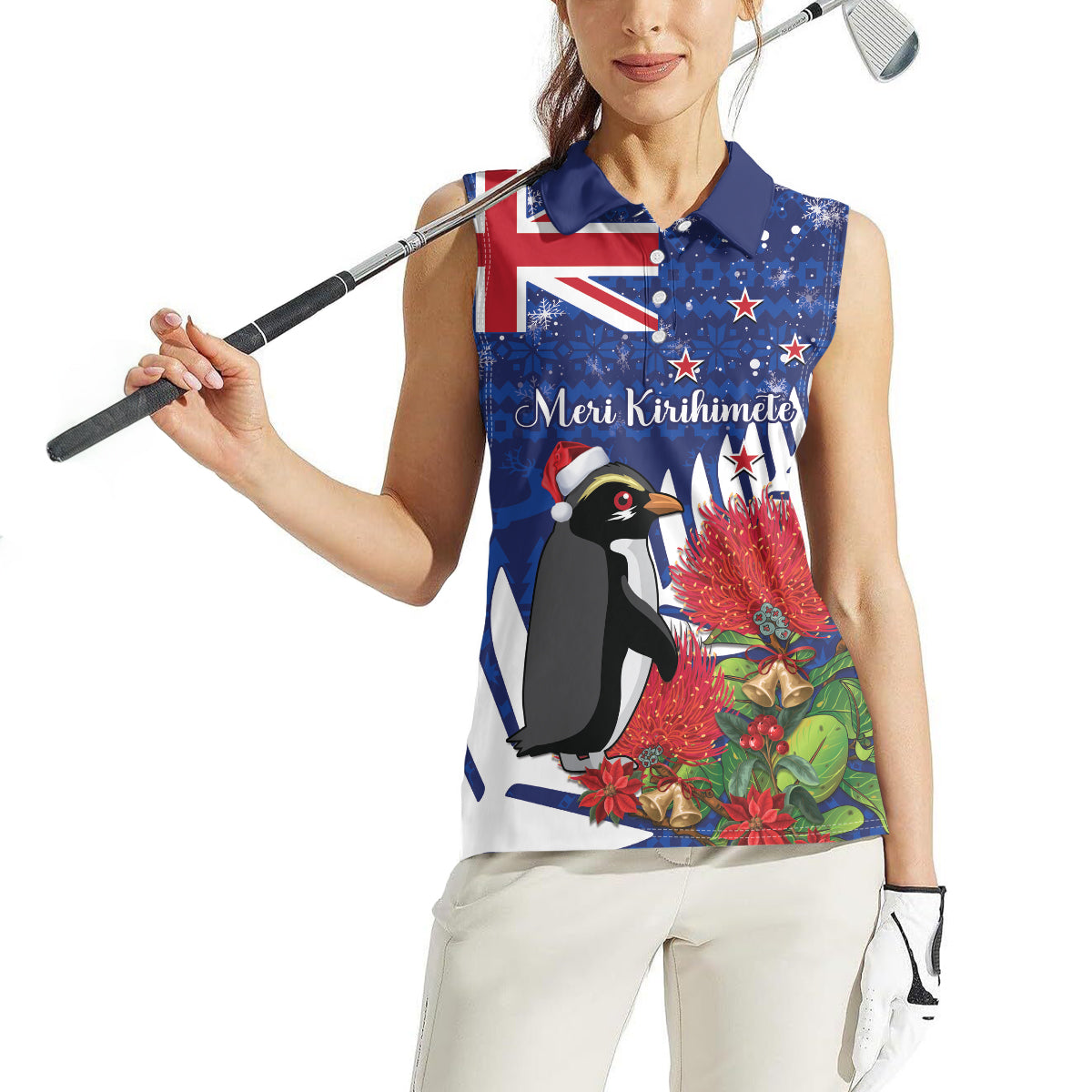 New Zealand Christmas In July Women Sleeveless Polo Shirt Fiordland Penguin With Pohutukawa Flower LT14 - Polynesian Pride