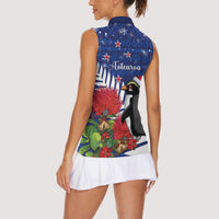 New Zealand Christmas In July Women Sleeveless Polo Shirt Fiordland Penguin With Pohutukawa Flower LT14 - Polynesian Pride