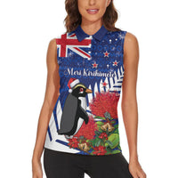 New Zealand Christmas In July Women Sleeveless Polo Shirt Fiordland Penguin With Pohutukawa Flower LT14 - Polynesian Pride