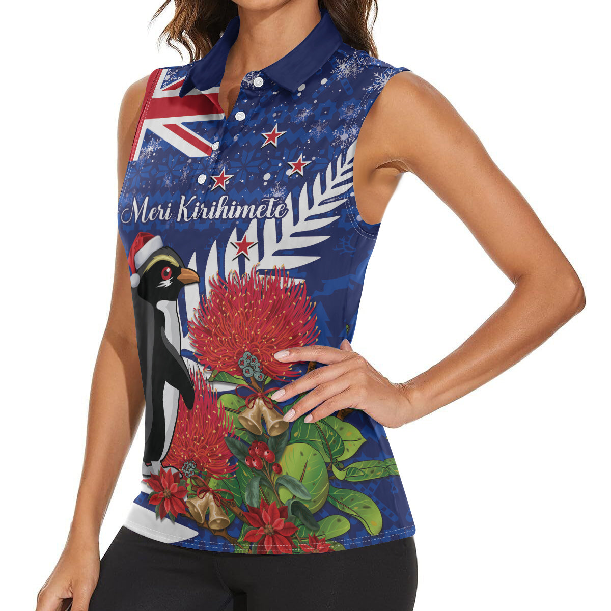 New Zealand Christmas In July Women Sleeveless Polo Shirt Fiordland Penguin With Pohutukawa Flower LT14 - Polynesian Pride