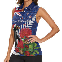 New Zealand Christmas In July Women Sleeveless Polo Shirt Fiordland Penguin With Pohutukawa Flower LT14 - Polynesian Pride