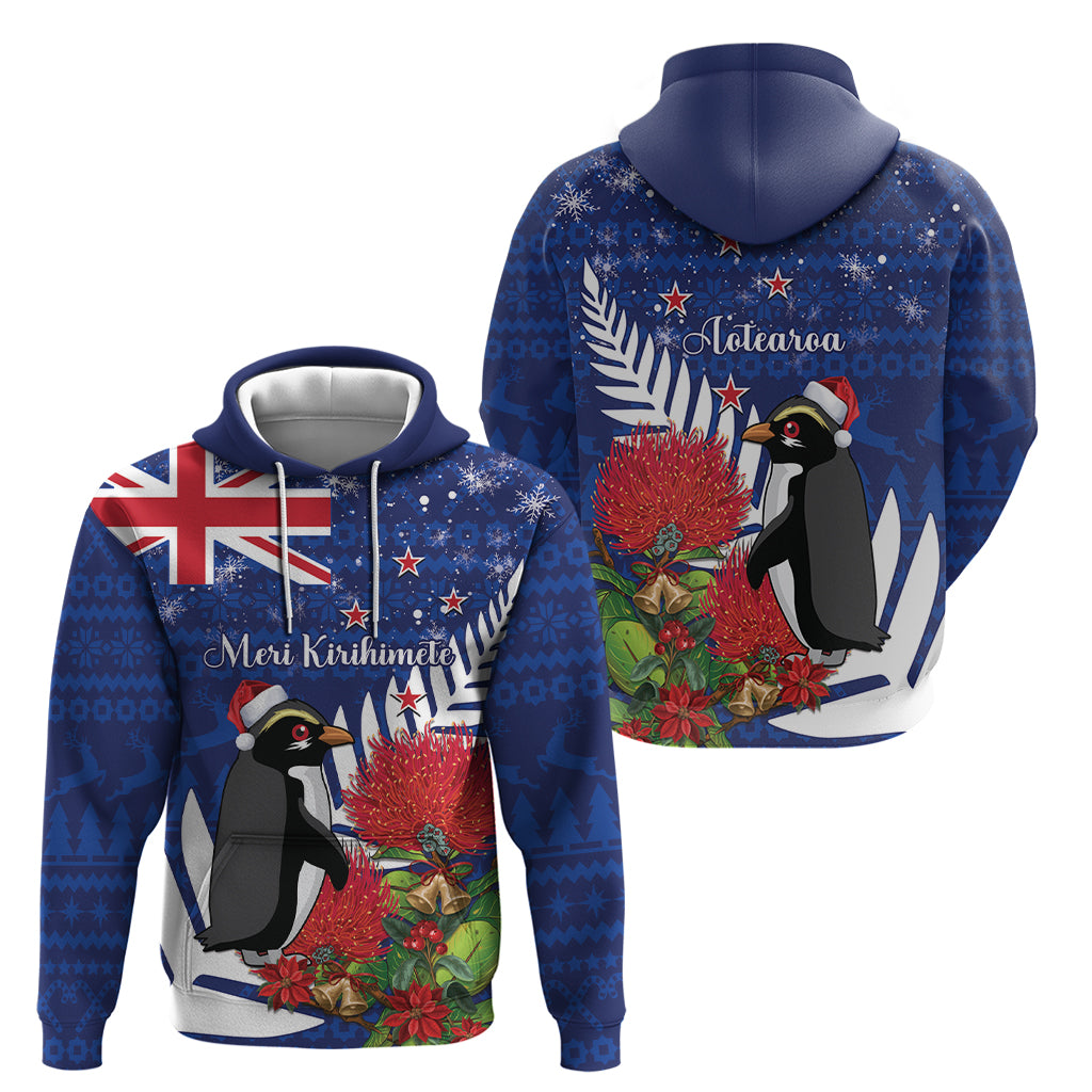 New Zealand Christmas In July Zip Hoodie Fiordland Penguin With Pohutukawa Flower LT14 - Polynesian Pride