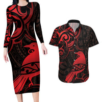 New Zealand Tui Bird Couples Matching Long Sleeve Bodycon Dress and Hawaiian Shirt Aotearoa Maori Pattern - Red LT14 Red - Polynesian Pride