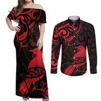 New Zealand Tui Bird Couples Matching Off Shoulder Maxi Dress and Long Sleeve Button Shirt Aotearoa Maori Pattern - Red