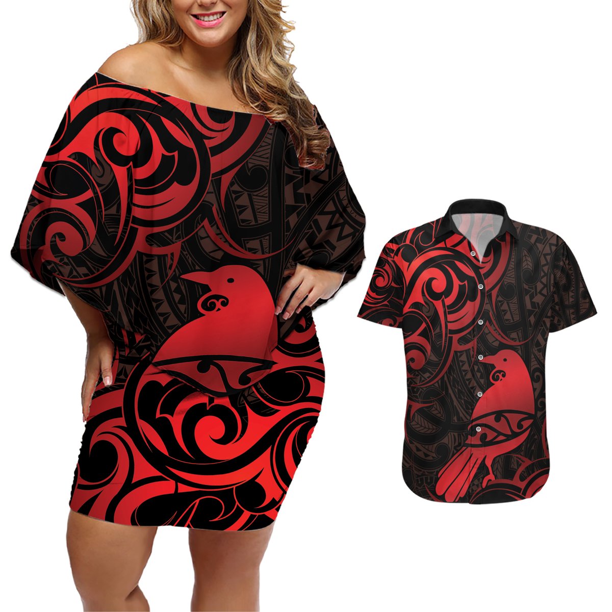 New Zealand Tui Bird Couples Matching Off Shoulder Short Dress and Hawaiian Shirt Aotearoa Maori Pattern - Red