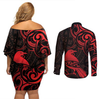 New Zealand Tui Bird Couples Matching Off Shoulder Short Dress and Long Sleeve Button Shirt Aotearoa Maori Pattern - Red