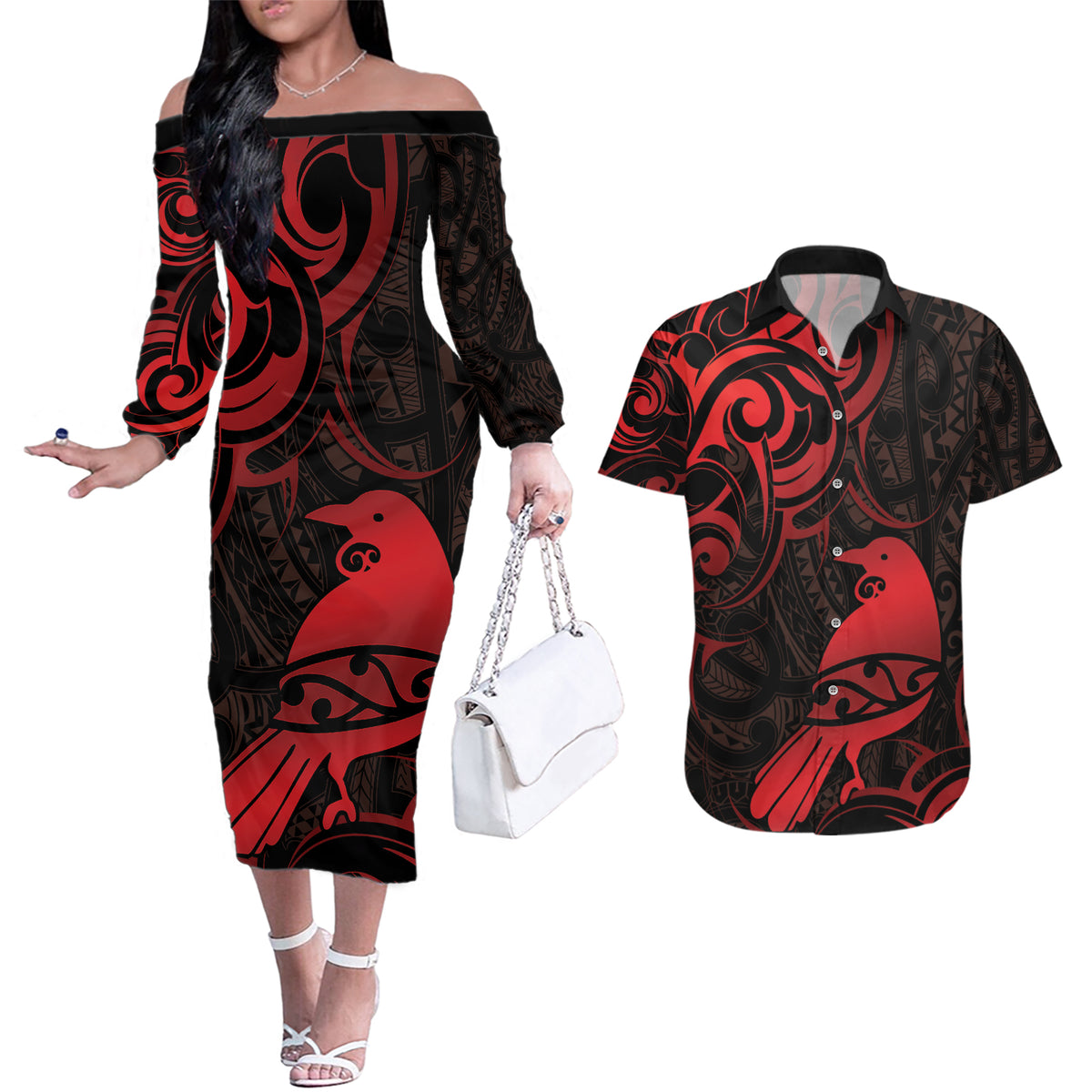 New Zealand Tui Bird Couples Matching Off The Shoulder Long Sleeve Dress and Hawaiian Shirt Aotearoa Maori Pattern - Red LT14 Red - Polynesian Pride