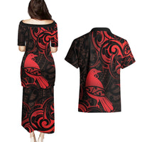 New Zealand Tui Bird Couples Matching Puletasi and Hawaiian Shirt Aotearoa Maori Pattern - Red