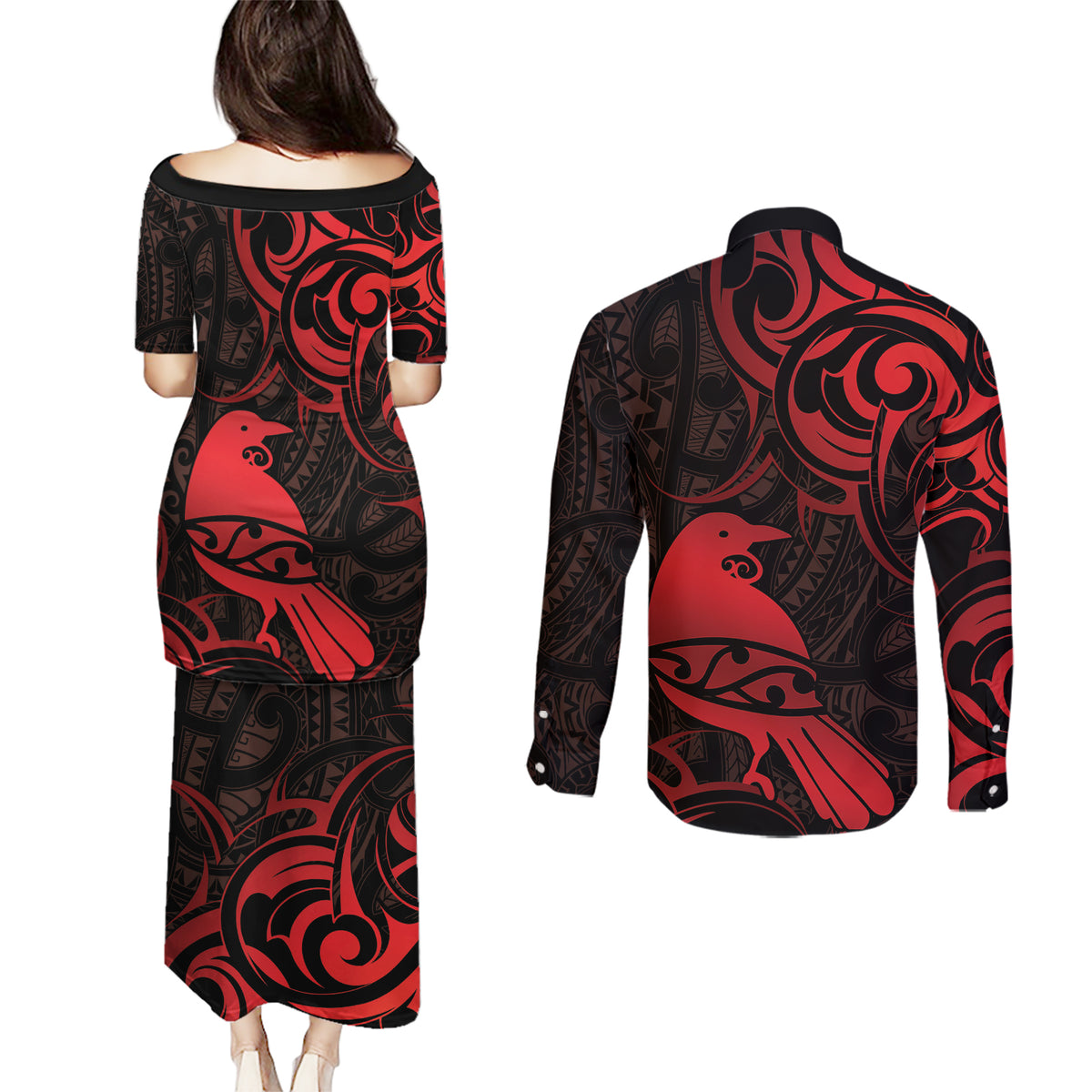 New Zealand Tui Bird Couples Matching Puletasi and Long Sleeve Button Shirt Aotearoa Maori Pattern - Red