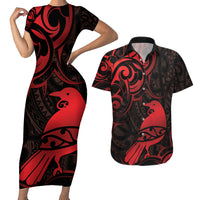 New Zealand Tui Bird Couples Matching Short Sleeve Bodycon Dress and Hawaiian Shirt Aotearoa Maori Pattern - Red LT14 Red - Polynesian Pride