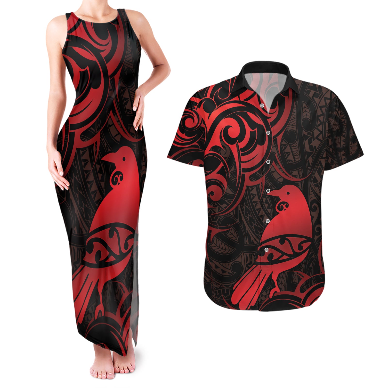 New Zealand Tui Bird Couples Matching Tank Maxi Dress and Hawaiian Shirt Aotearoa Maori Pattern - Red