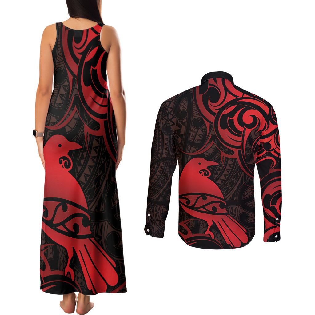 New Zealand Tui Bird Couples Matching Tank Maxi Dress and Long Sleeve Button Shirt Aotearoa Maori Pattern - Red