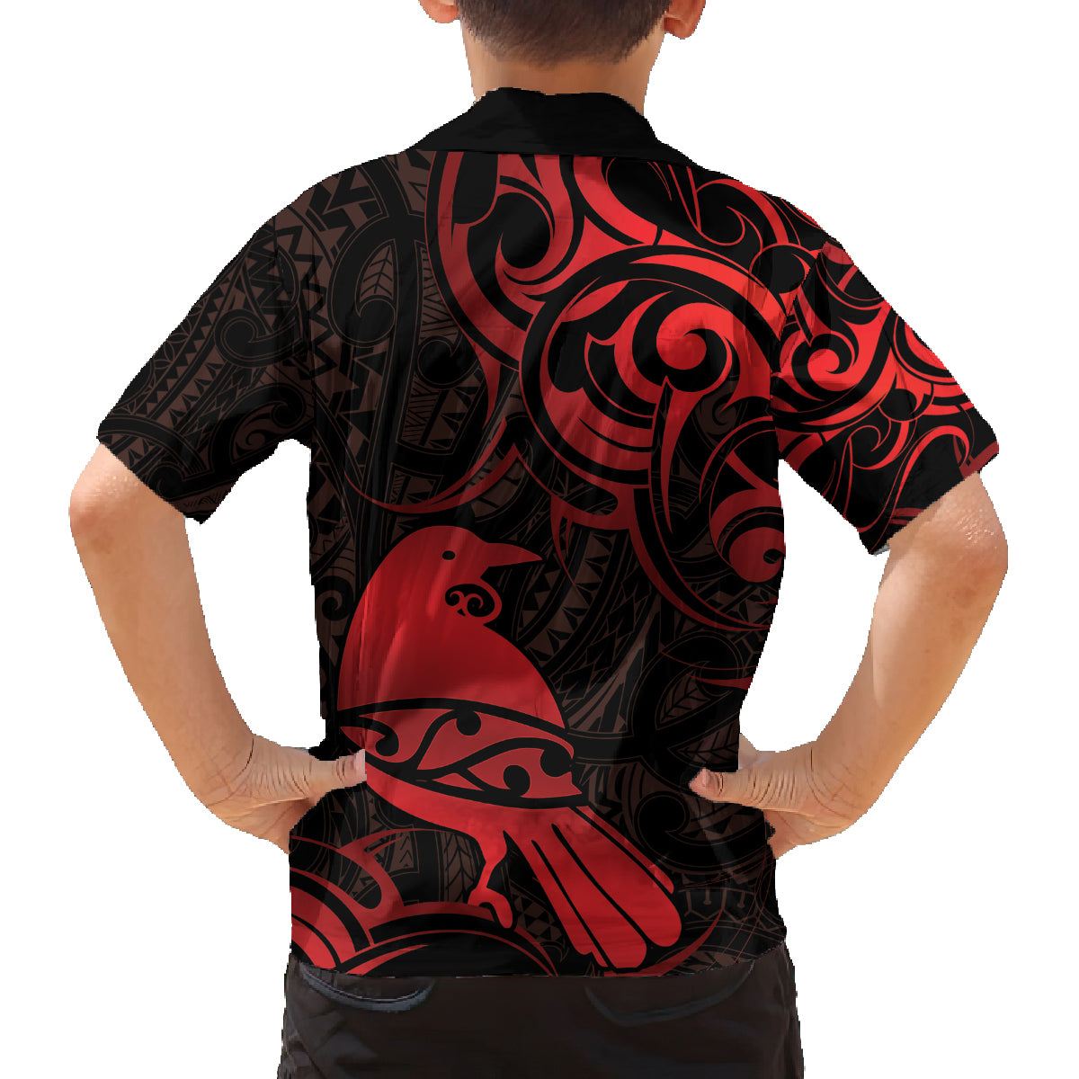 New Zealand Tui Bird Family Matching Long Sleeve Bodycon Dress and Hawaiian Shirt Aotearoa Maori Pattern - Red LT14 - Polynesian Pride