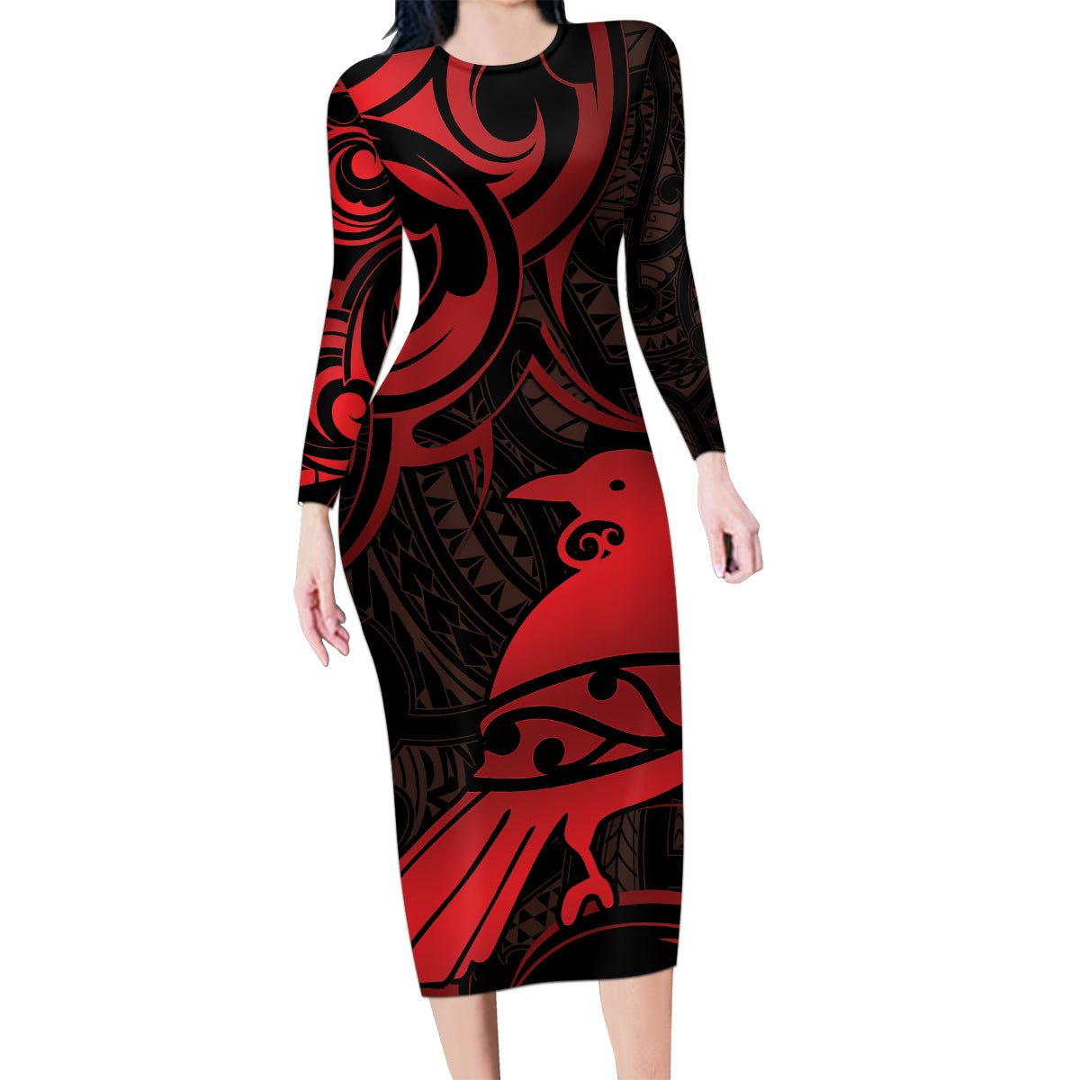 New Zealand Tui Bird Family Matching Long Sleeve Bodycon Dress and Hawaiian Shirt Aotearoa Maori Pattern - Red LT14 Mom's Dress Red - Polynesian Pride