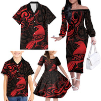 New Zealand Tui Bird Family Matching Off The Shoulder Long Sleeve Dress and Hawaiian Shirt Aotearoa Maori Pattern - Red LT14 - Polynesian Pride