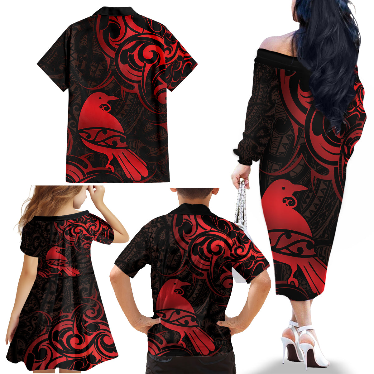 New Zealand Tui Bird Family Matching Off The Shoulder Long Sleeve Dress and Hawaiian Shirt Aotearoa Maori Pattern - Red LT14 - Polynesian Pride