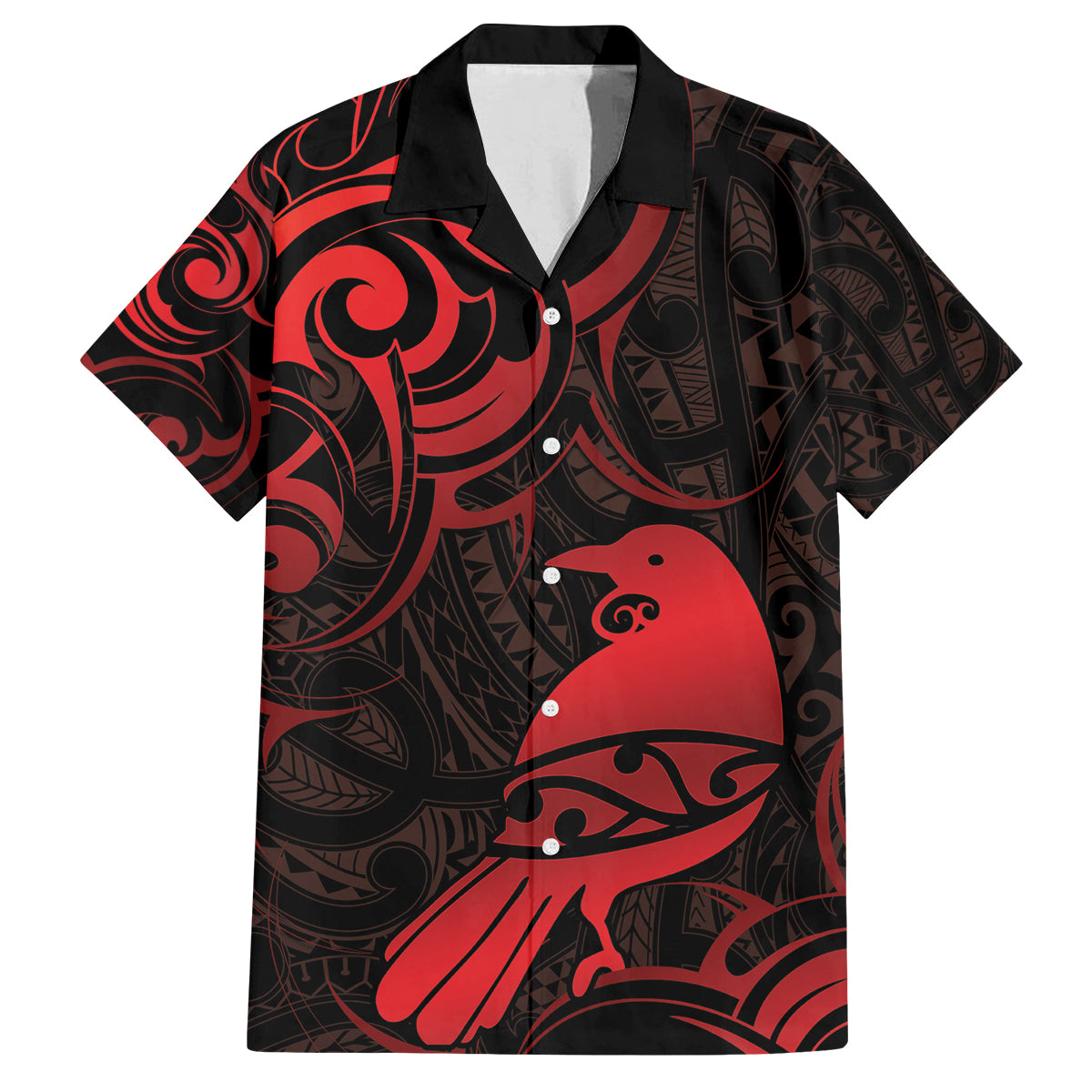 New Zealand Tui Bird Family Matching Off The Shoulder Long Sleeve Dress and Hawaiian Shirt Aotearoa Maori Pattern - Red LT14 Dad's Shirt - Short Sleeve Red - Polynesian Pride