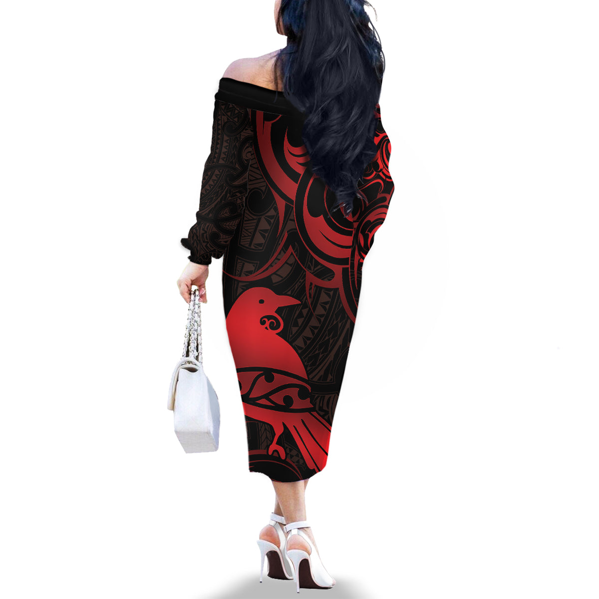 New Zealand Tui Bird Family Matching Off The Shoulder Long Sleeve Dress and Hawaiian Shirt Aotearoa Maori Pattern - Red LT14 - Polynesian Pride