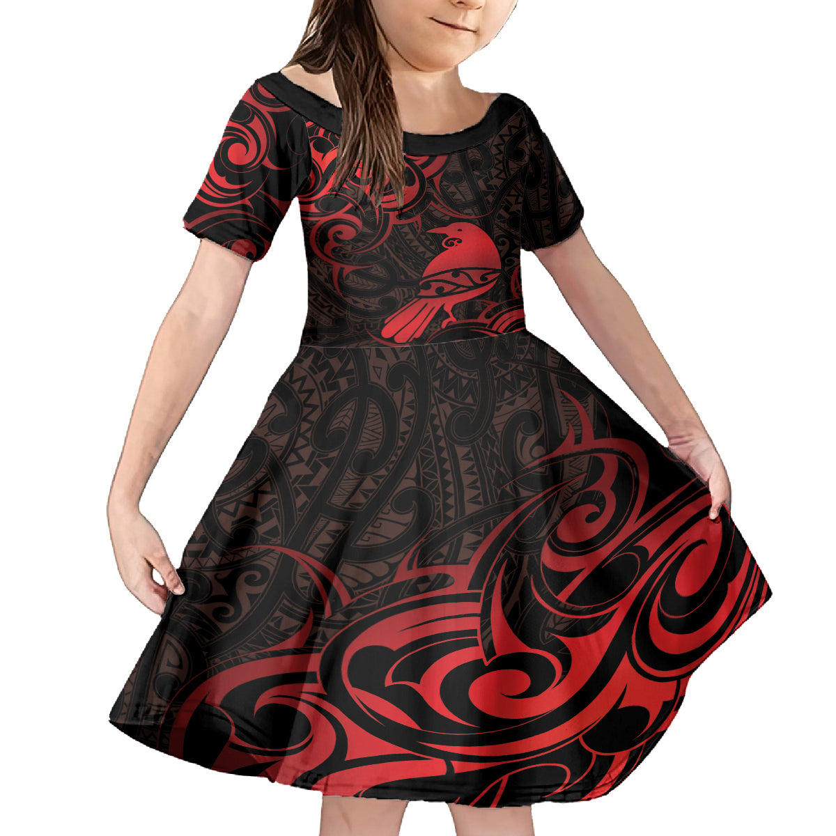 New Zealand Tui Bird Family Matching Off Shoulder Maxi Dress and Hawaiian Shirt Aotearoa Maori Pattern - Red LT14 Daughter's Dress Red - Polynesian Pride