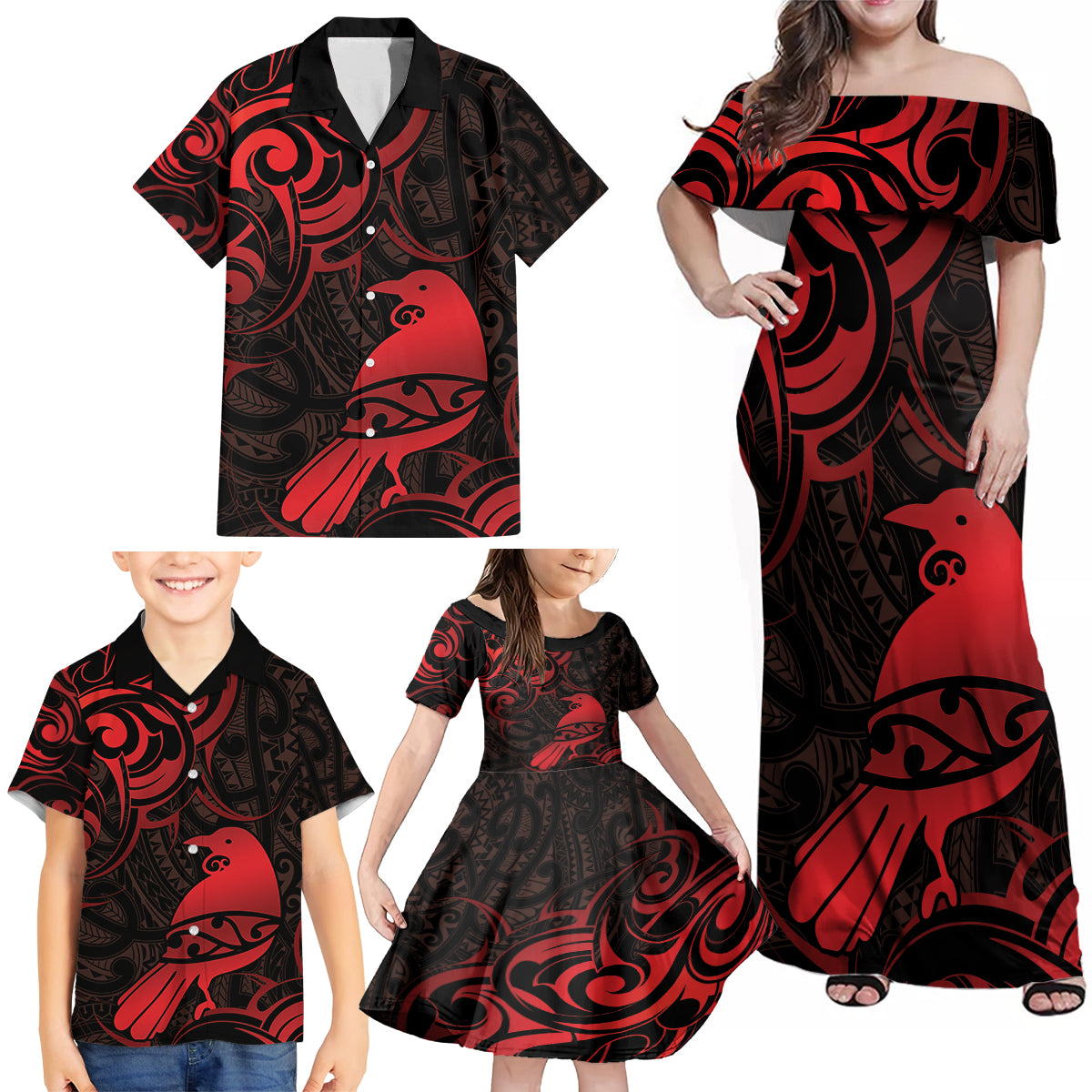 New Zealand Tui Bird Family Matching Off Shoulder Maxi Dress and Hawaiian Shirt Aotearoa Maori Pattern - Red LT14 - Polynesian Pride
