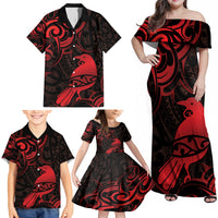New Zealand Tui Bird Family Matching Off Shoulder Maxi Dress and Hawaiian Shirt Aotearoa Maori Pattern - Red LT14 - Polynesian Pride