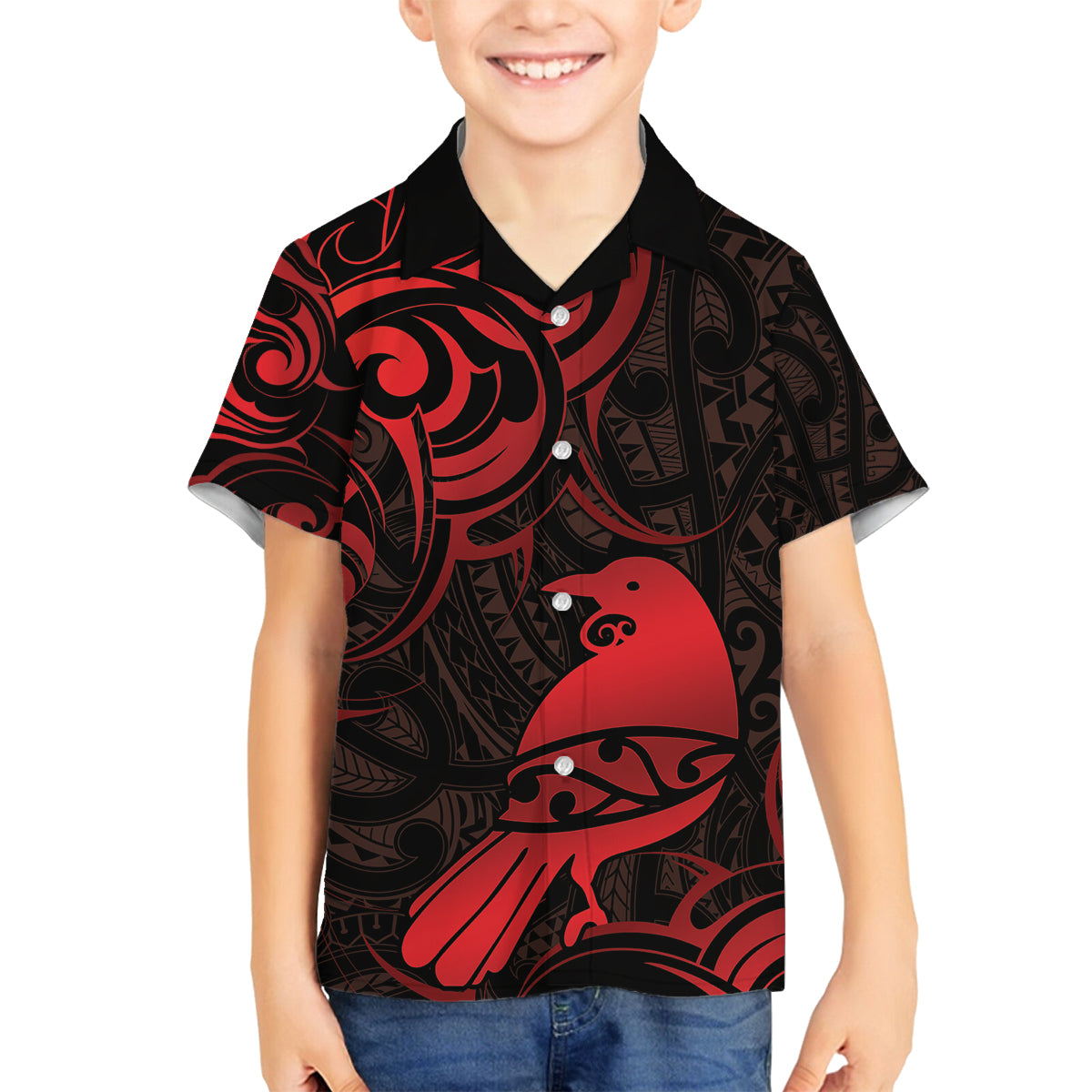 New Zealand Tui Bird Family Matching Off Shoulder Maxi Dress and Hawaiian Shirt Aotearoa Maori Pattern - Red LT14 Son's Shirt Red - Polynesian Pride