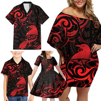 New Zealand Tui Bird Family Matching Off Shoulder Short Dress and Hawaiian Shirt Aotearoa Maori Pattern - Red LT14 - Polynesian Pride