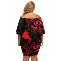 New Zealand Tui Bird Family Matching Off Shoulder Short Dress and Hawaiian Shirt Aotearoa Maori Pattern - Red LT14 - Polynesian Pride
