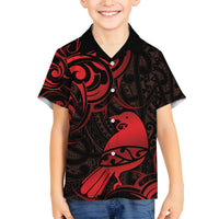 New Zealand Tui Bird Family Matching Off Shoulder Short Dress and Hawaiian Shirt Aotearoa Maori Pattern - Red LT14 Son's Shirt Red - Polynesian Pride