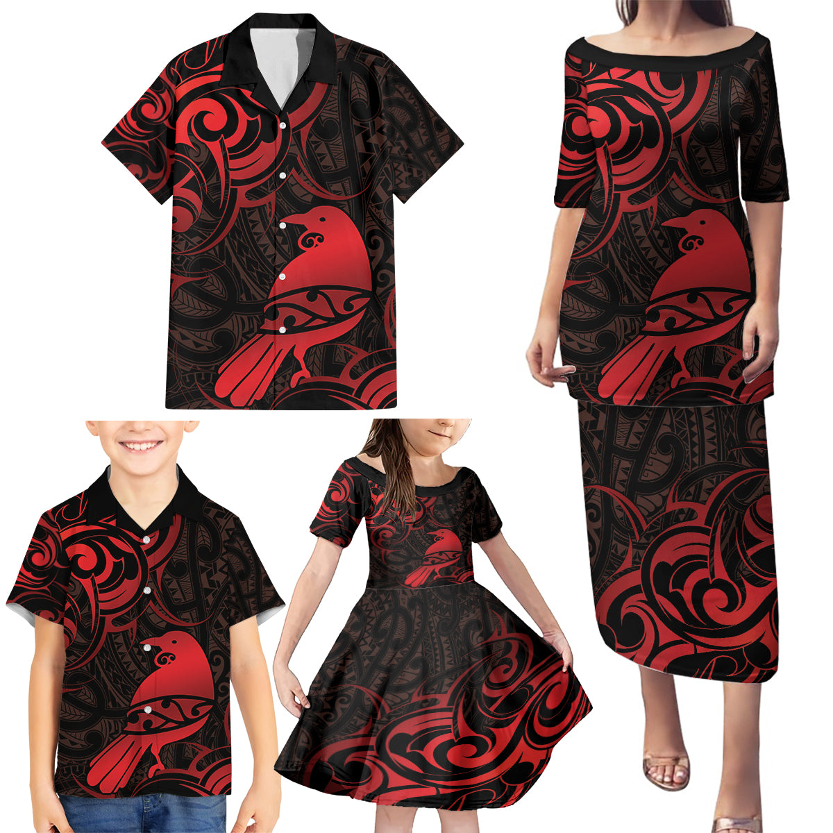 New Zealand Tui Bird Family Matching Puletasi and Hawaiian Shirt Aotearoa Maori Pattern - Red LT14 - Polynesian Pride