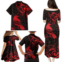 New Zealand Tui Bird Family Matching Puletasi and Hawaiian Shirt Aotearoa Maori Pattern - Red LT14 - Polynesian Pride