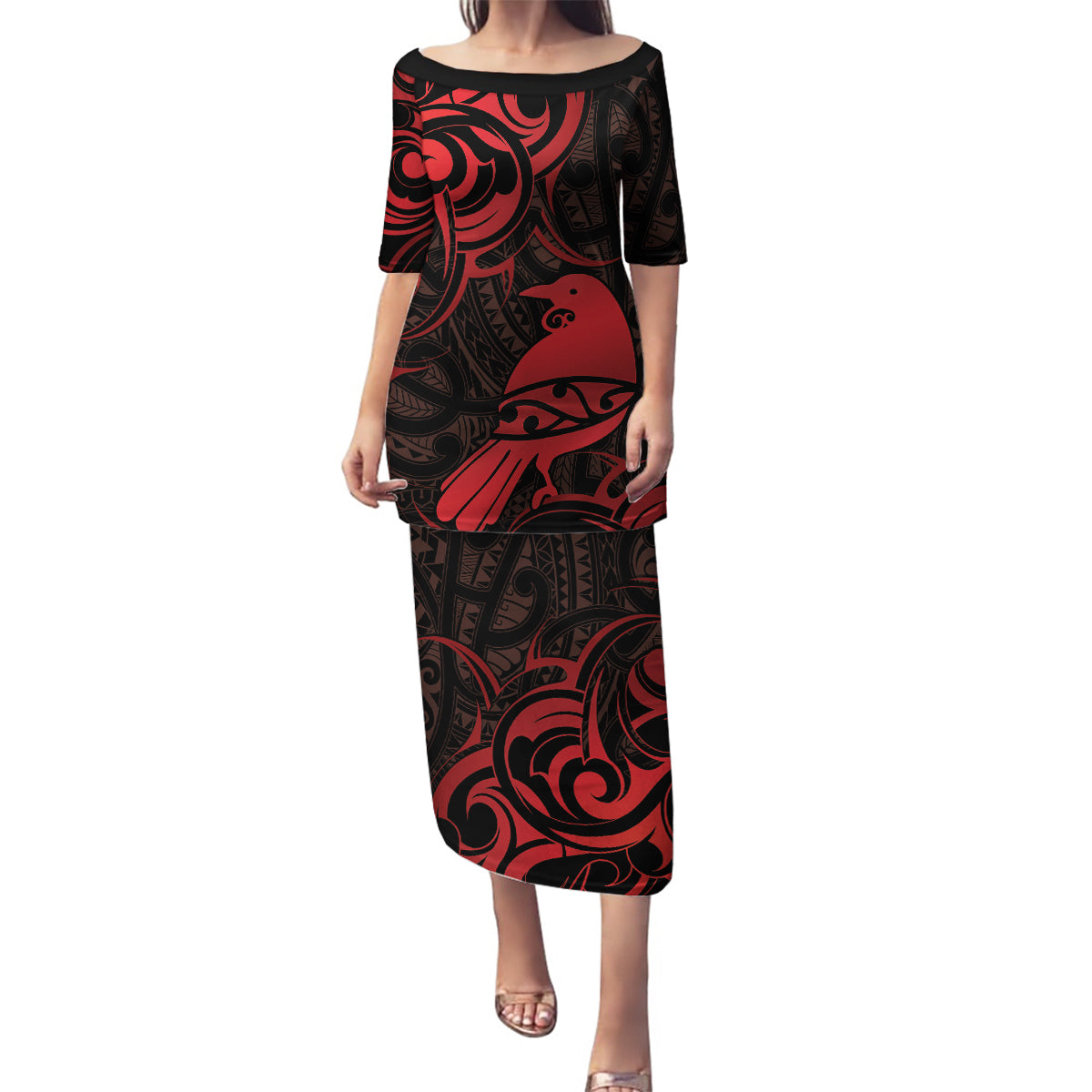 New Zealand Tui Bird Family Matching Puletasi and Hawaiian Shirt Aotearoa Maori Pattern - Red LT14 Mom's Dress Red - Polynesian Pride