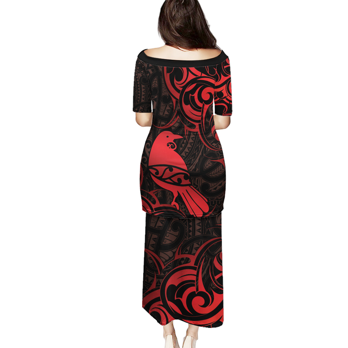 New Zealand Tui Bird Family Matching Puletasi and Hawaiian Shirt Aotearoa Maori Pattern - Red LT14 - Polynesian Pride
