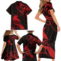New Zealand Tui Bird Family Matching Short Sleeve Bodycon Dress and Hawaiian Shirt Aotearoa Maori Pattern - Red LT14 - Polynesian Pride